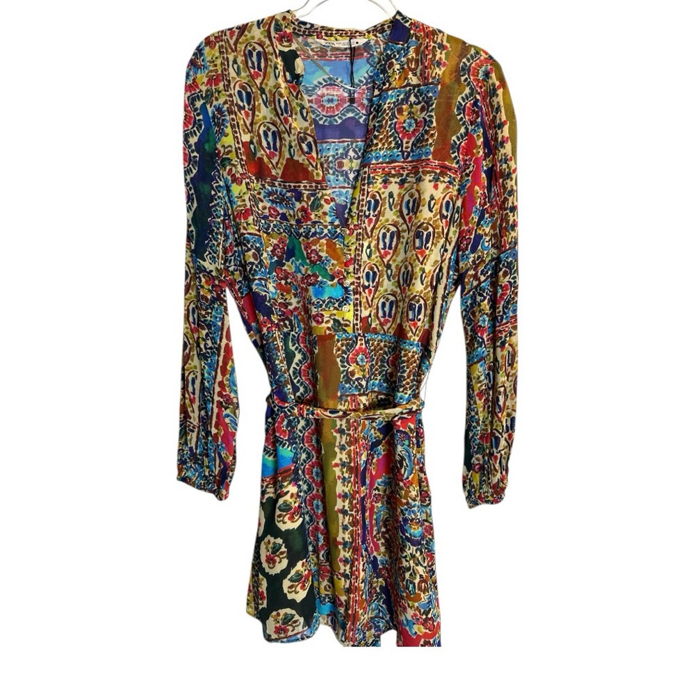 Zara Blue and Orange Wrap Sundress with Bishop Sleeves NWOT - Picture 6 of 10